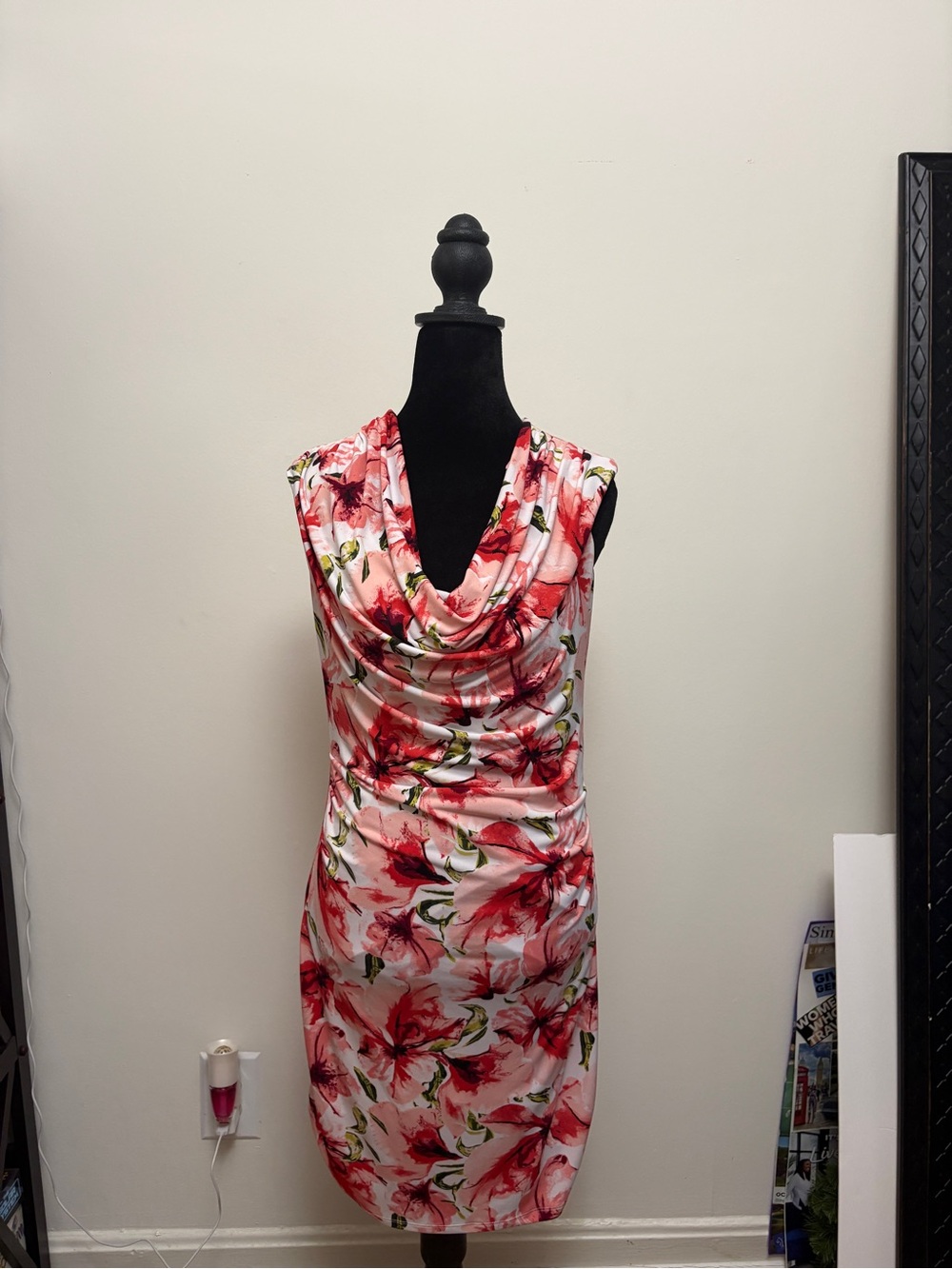 White House Black Market Pink and Red Floral Cowl-Neck Midi Dress